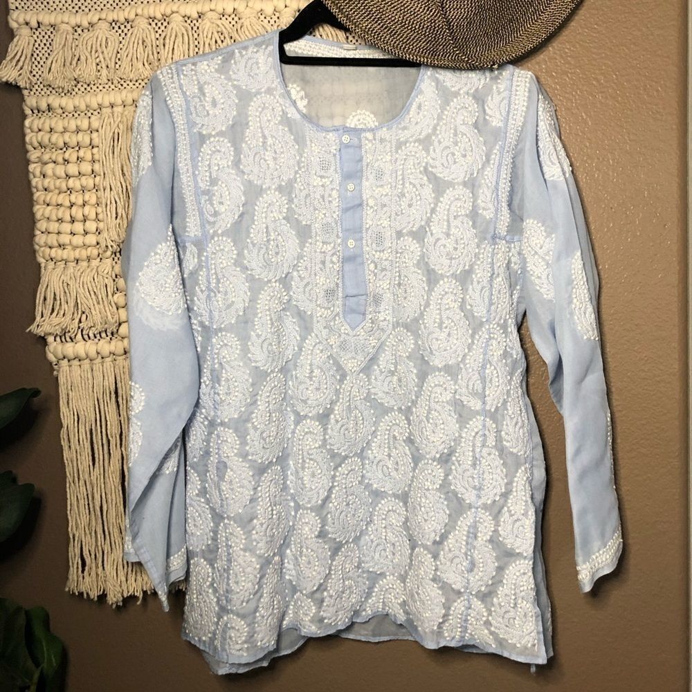 Blue Sheer Embroidered Mul Tunic Top